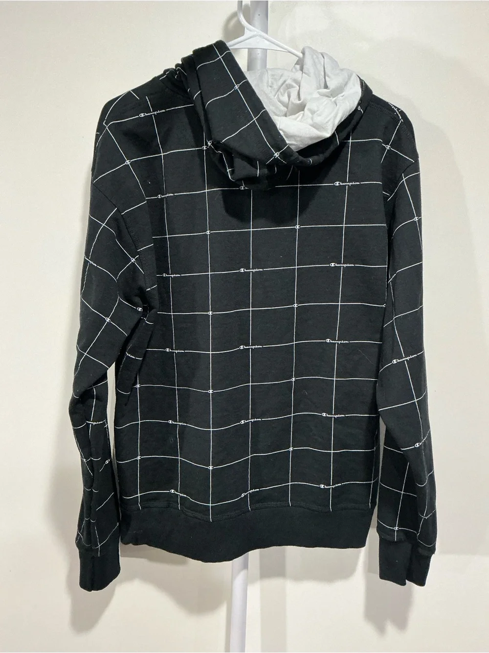 Champion Black Grid Pullover Hoodie with White Drawcords